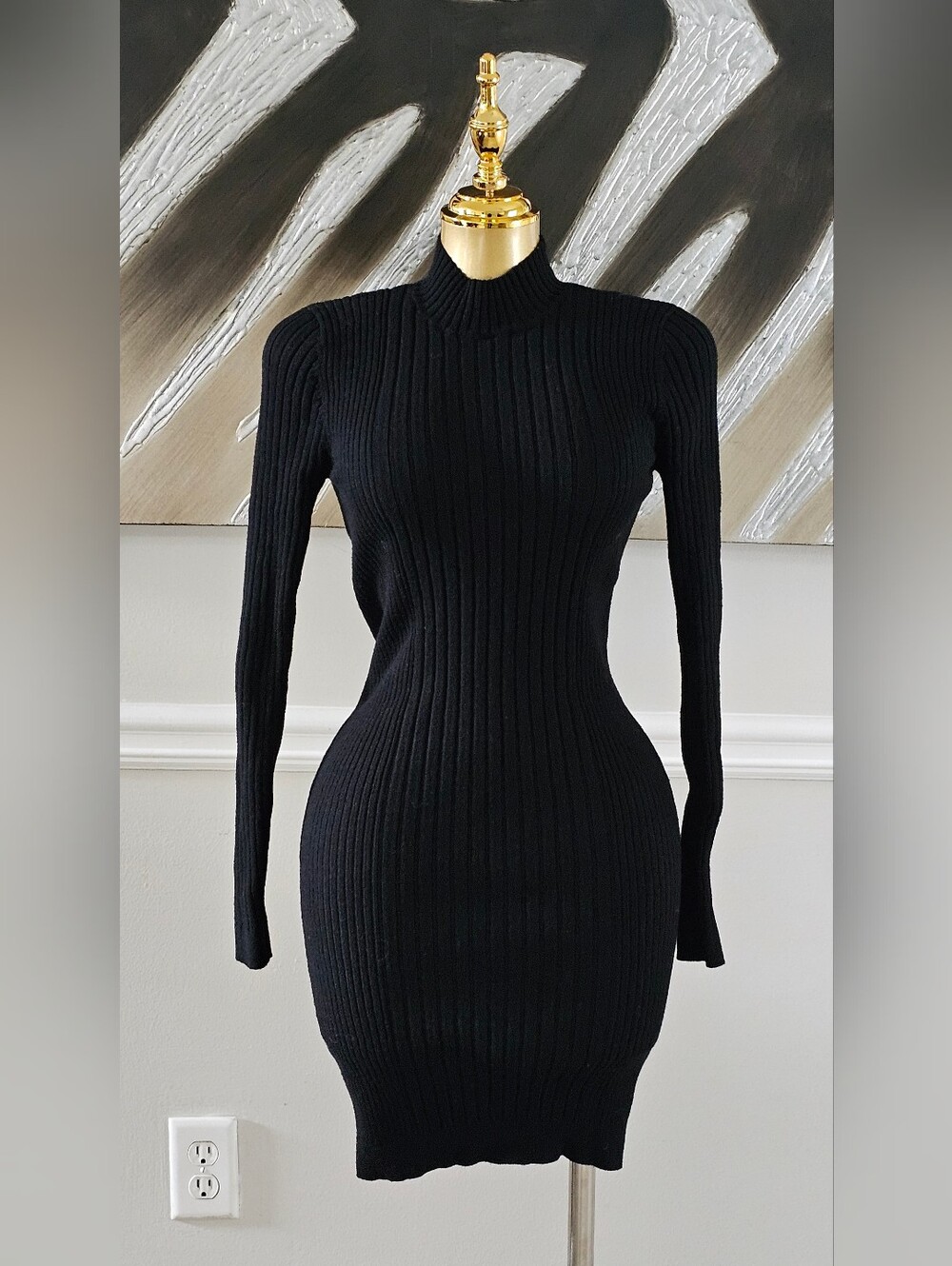 Forever 21 Womens Small Black Ribbed Knit Turtleneck Bodycon Mini Sweater Dress
